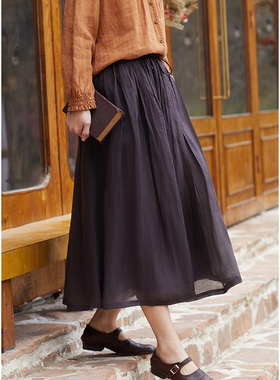 忘城T214座/梦幻盛宴/春季42支双面炒色苎麻咖紫色系带a字半身裙
