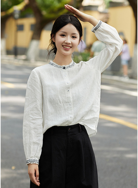 忘城H1287座/生命的歌/秋季进口17*21支亚麻白色正肩绣花衬衫百搭