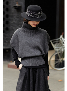 忘城C2015座/灰度呼吸/秋冬新款百搭山羊绒高领斗篷羊毛马甲背心