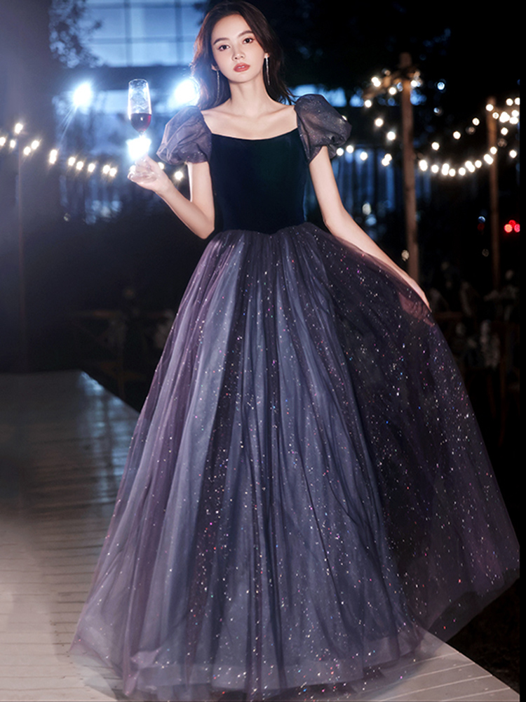 优雅气质方领短袖A字裙长裙