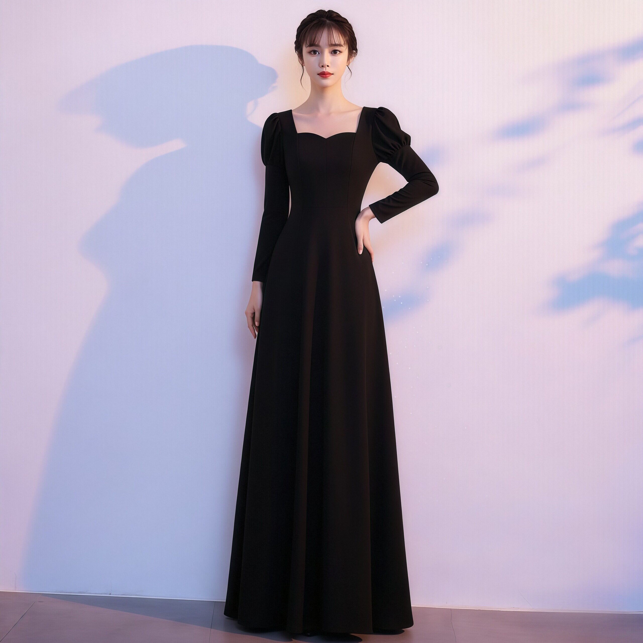 简约方领晚礼服女高级感酒红色大码胖mm年会礼服裙敬酒服新娘长裙图片