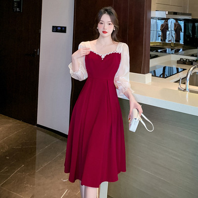 优雅A字裙网纱纯色拼接网纱