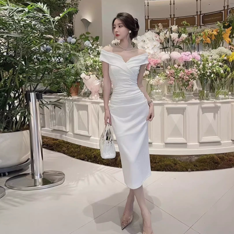 法式修身名媛气质晚礼服裙女夏季新款领证高级感白色一字肩连衣裙