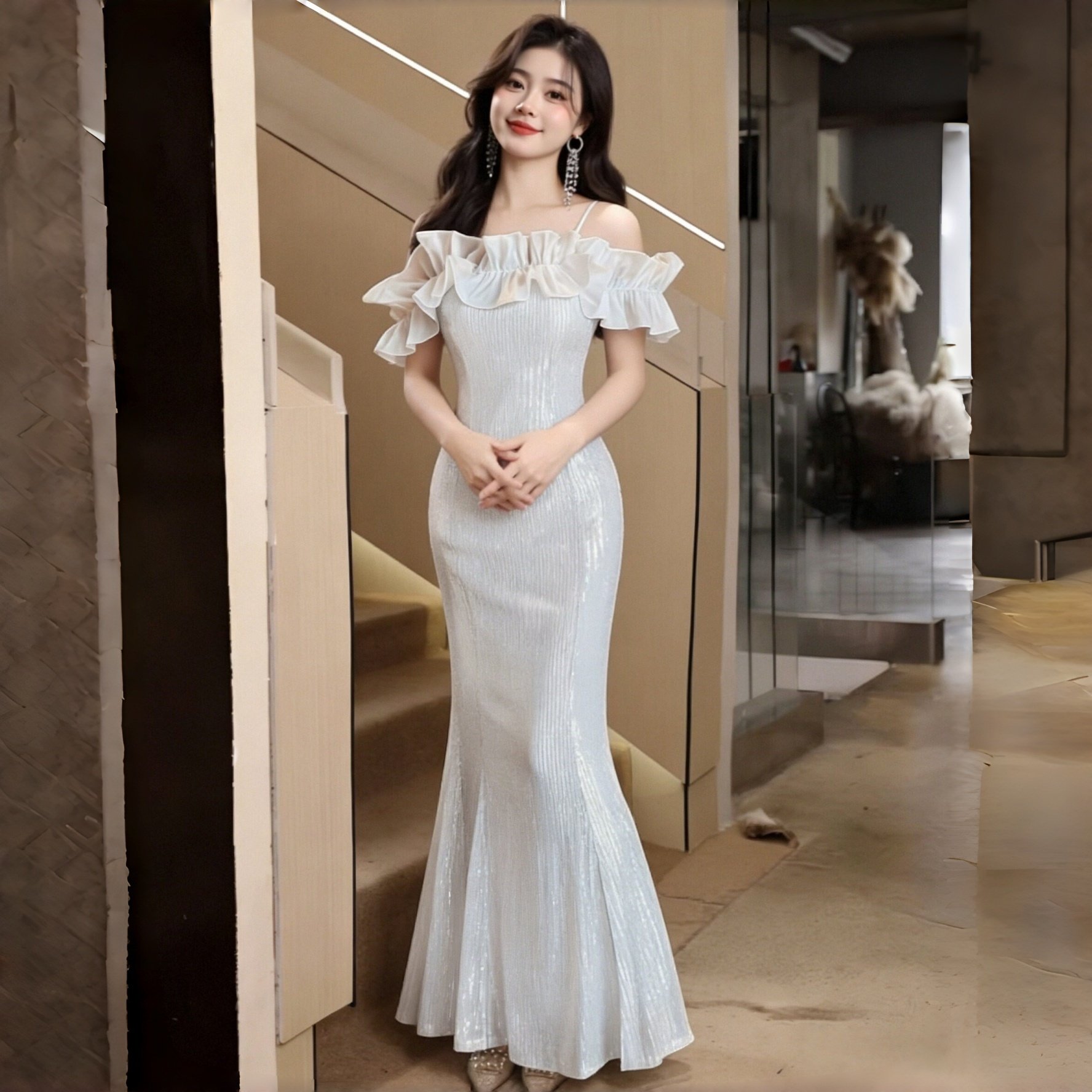 一字肩绝美主持人亮片晚礼服宴会年会轻奢小众高级感鱼尾裙小个子,女装/女士精品,连衣裙,淘宝优惠券,粉丝福利购,淘宝优惠卷