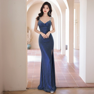 年会绝美吊带深v晚礼服晚宴主持人鱼尾轻奢众高端高级感开叉长裙