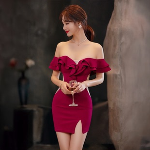 纯欲性感包臀裙短款礼服裙气质修身一字肩荷叶边小个子连衣裙宴会