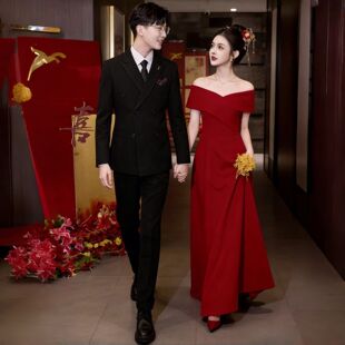 红色晚礼服一字肩收腰A字长裙订婚敬酒回门宴会主持人气质礼服裙