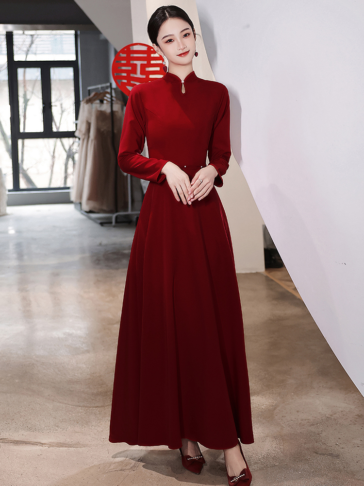 长袖敬酒服新娘秋冬季气质名媛结婚旗袍礼服裙女新中式长款回门