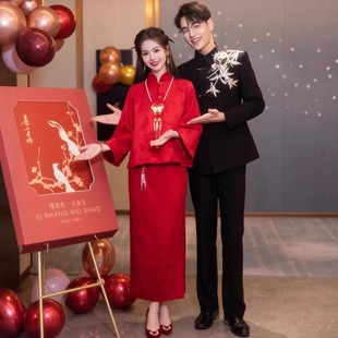 旗袍敬酒服晨袍新娘结婚回门红色两件套新中式孕妇订婚礼服回门宴