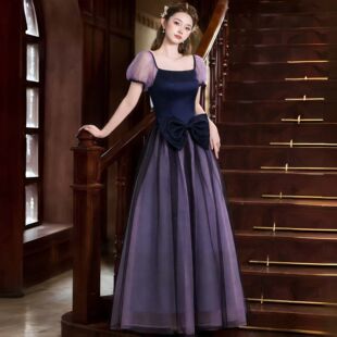 轻奢小众渐变紫网纱礼服方领泡泡袖 蝴蝶结收腰显瘦气质宴会敬酒服