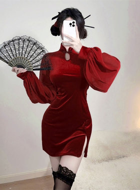 性感包臀金丝绒开叉连衣裙