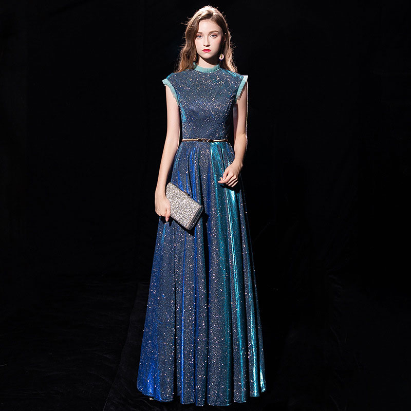 优雅圆领无袖A字裙长款礼服