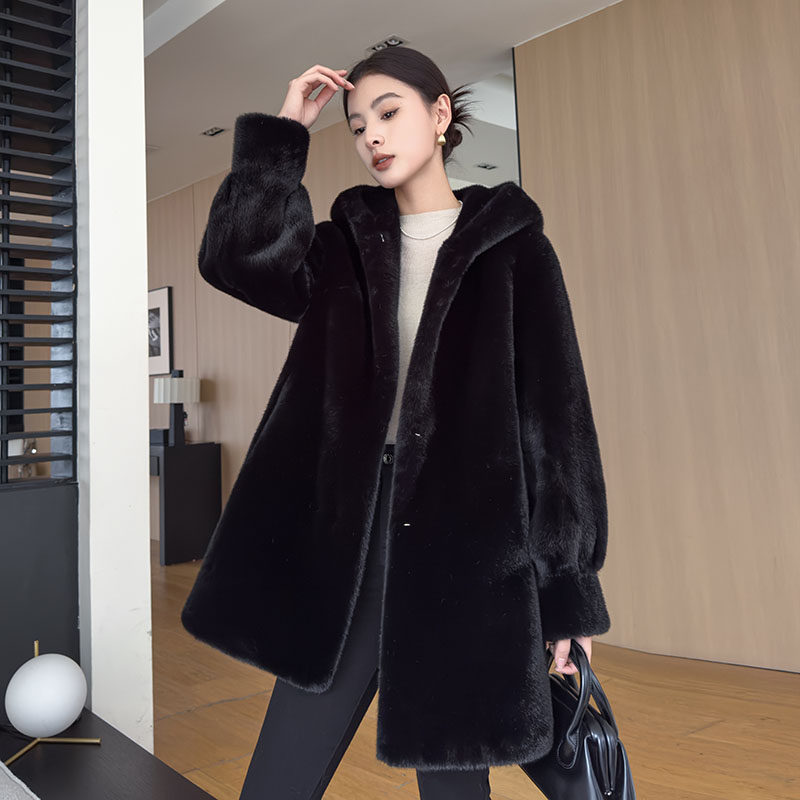 2026新款加厚水貂毛绒皮毛一体外套女冬季中长款连帽环保皮草大衣