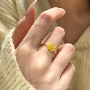 金包银拉丝小方糖戒指素圈镂空花丝活口指环时尚百搭送女友礼物