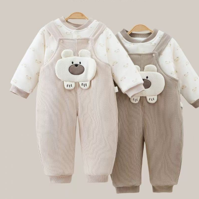 婴儿背带裤套装120克秋冬款加棉宝宝连体衣外穿爬服儿童冬季保暖