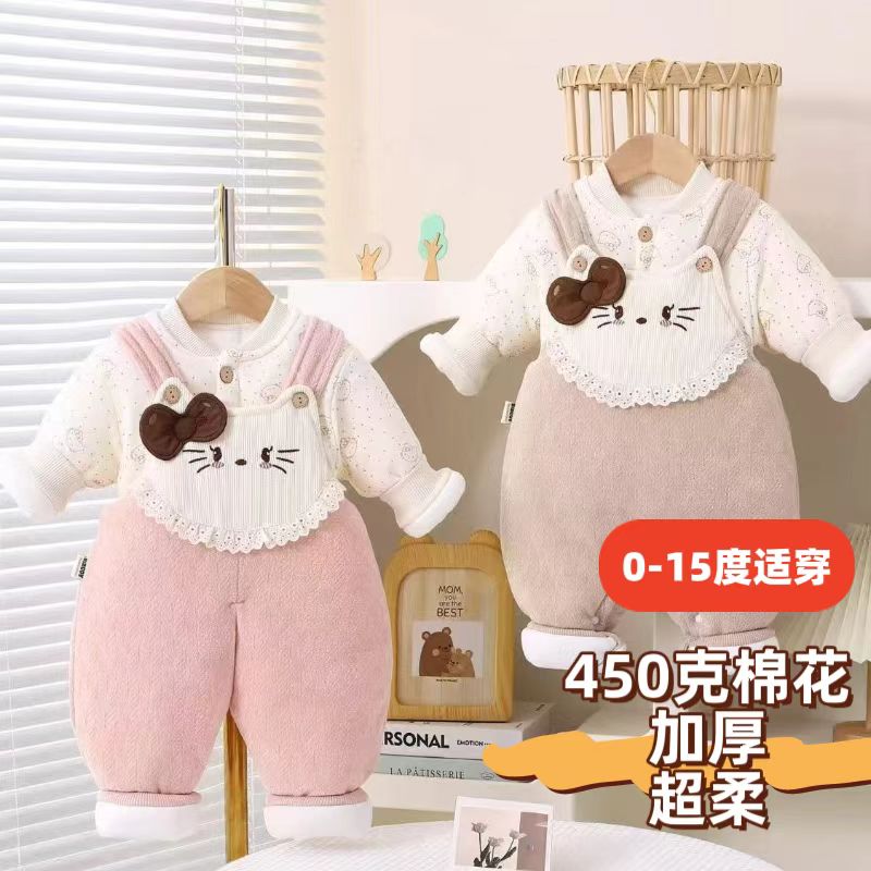 宝宝加厚棉花背带套装冬天冬季外出棉衣秋女0一1岁超厚公主洋气哈