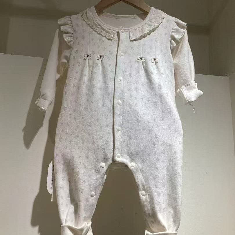 婴儿连体衣对开莫代尔花边领哈衣可爱春秋季长袖外出洋气爬服