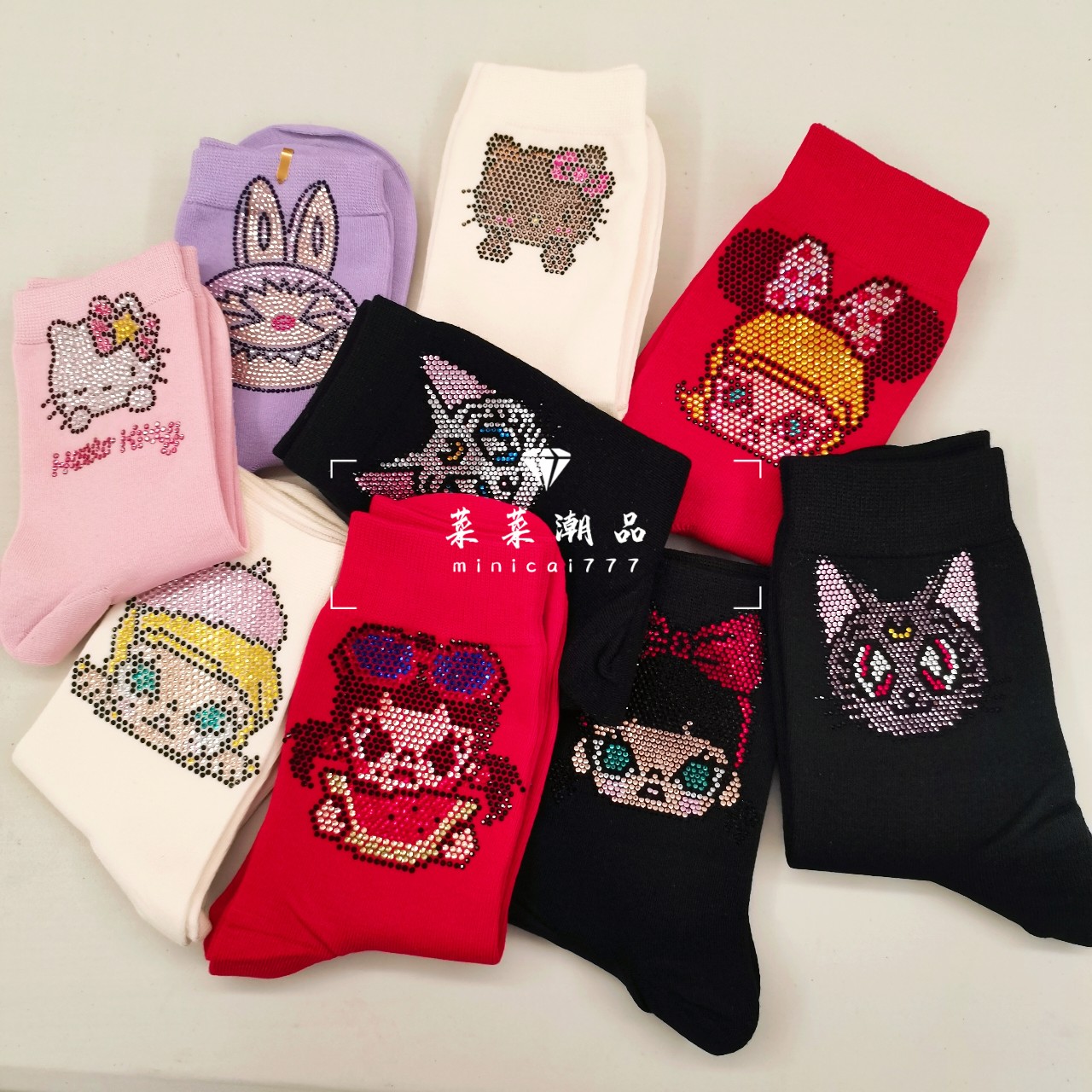 【黑色袜】卡通kitty茉莉烫钻纯棉短袜均码四季可穿闪闪钻女袜子