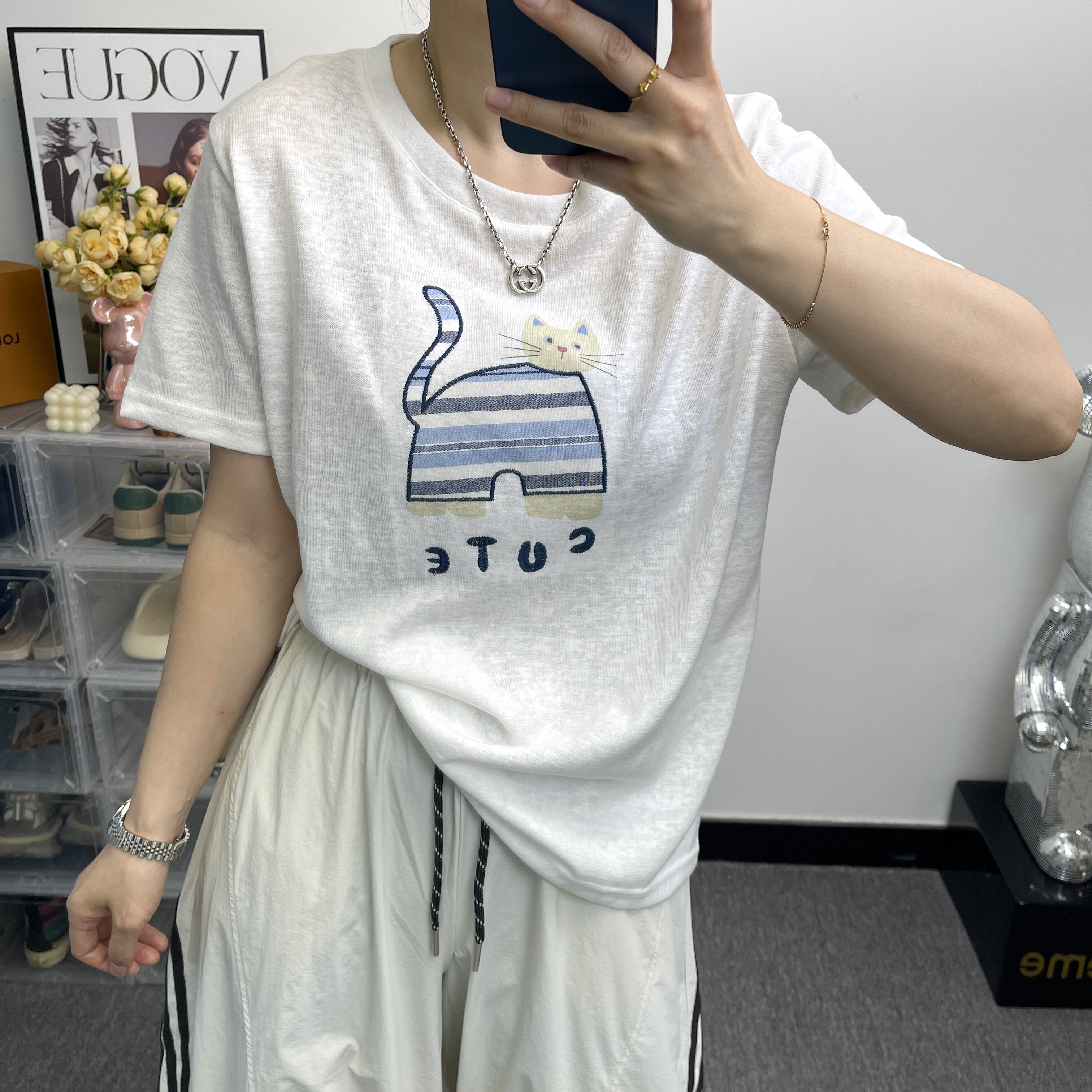 夏季流行街头宽松韩版显瘦猫咪印花T恤女慵懒凉感百搭校园风短袖