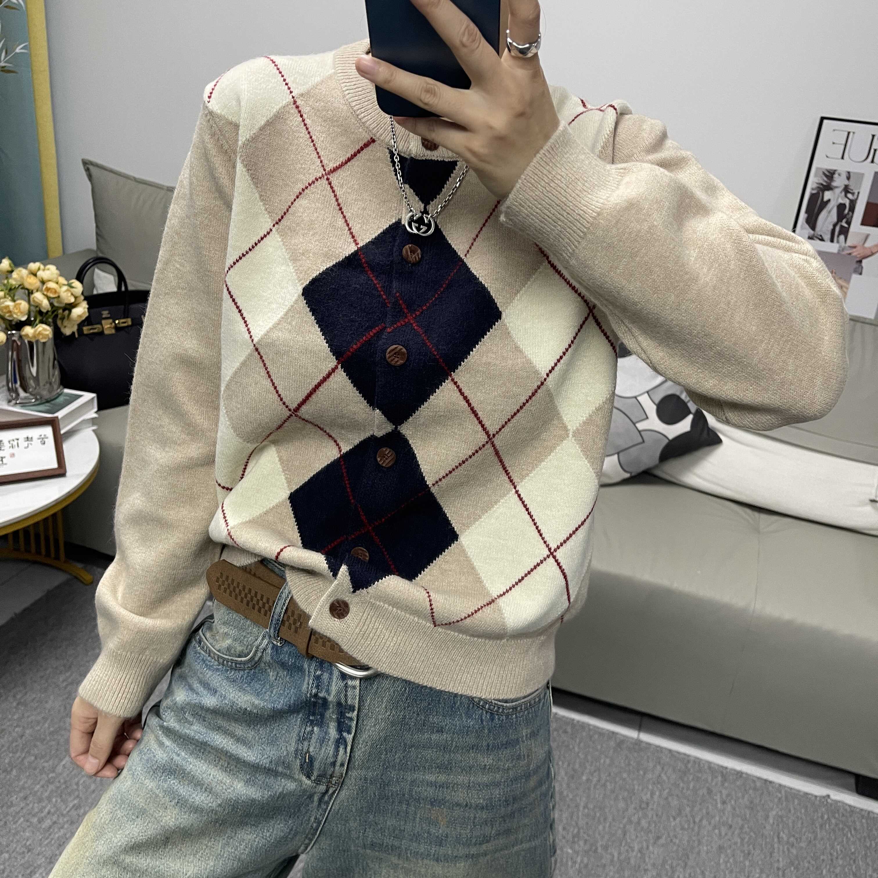 韩版复古菱格格针织开衫女显瘦
