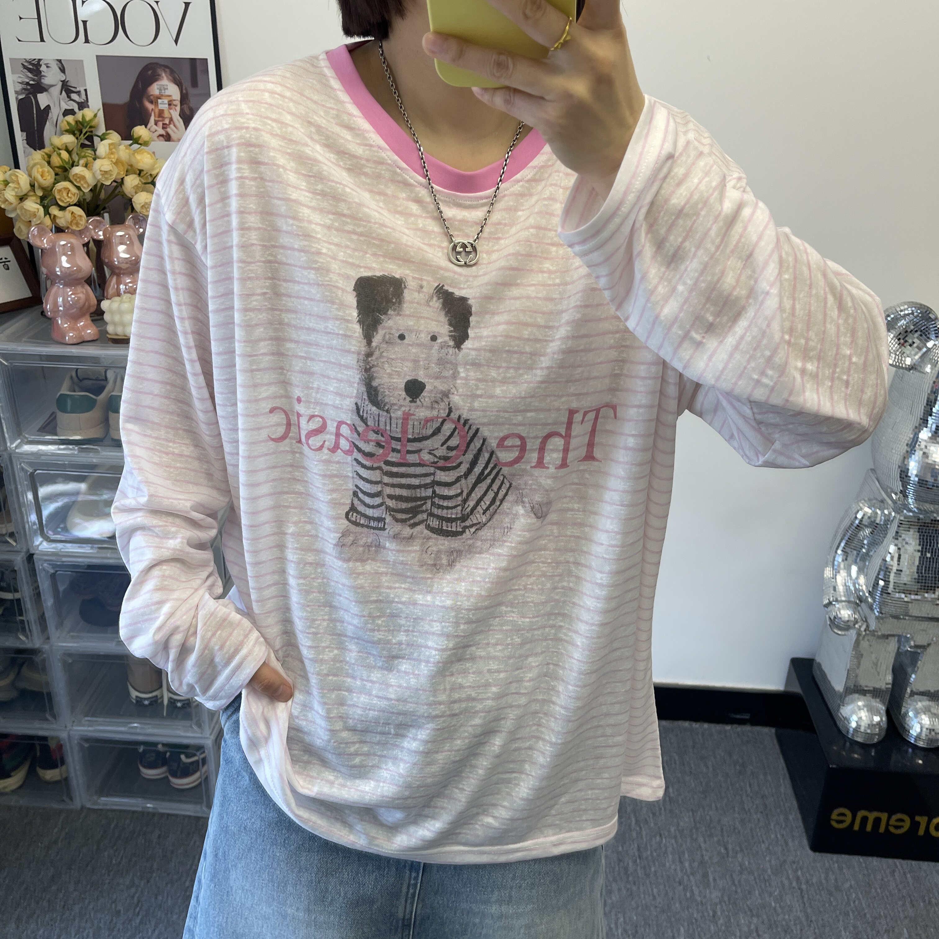 欧洲站慵懒风条纹长袖T恤女卡通狗印花防晒罩衫宽松减龄显瘦上衣