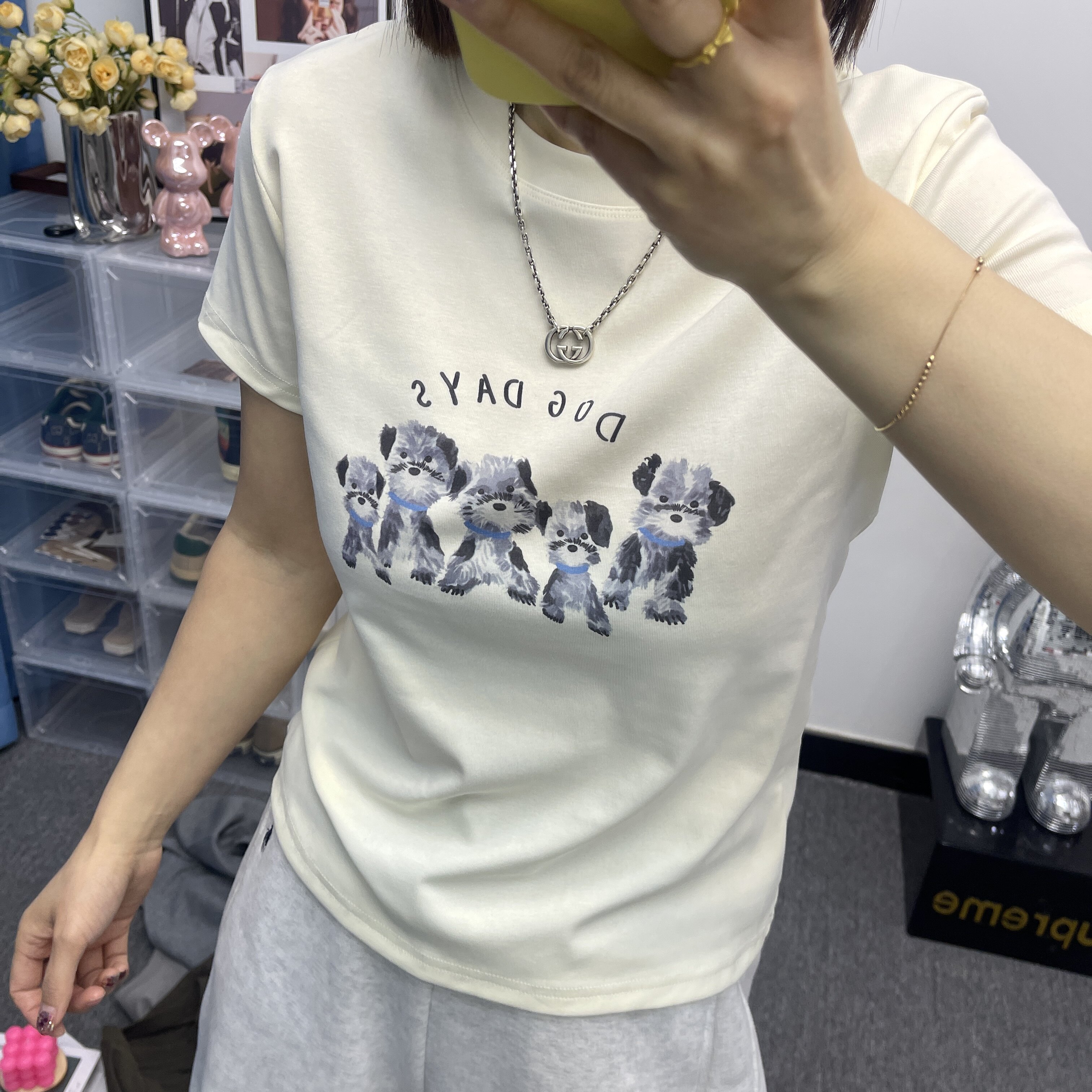 韩版修身显瘦卡通小狗印花短袖T恤藏蓝色圆领百搭套头休闲打底衫