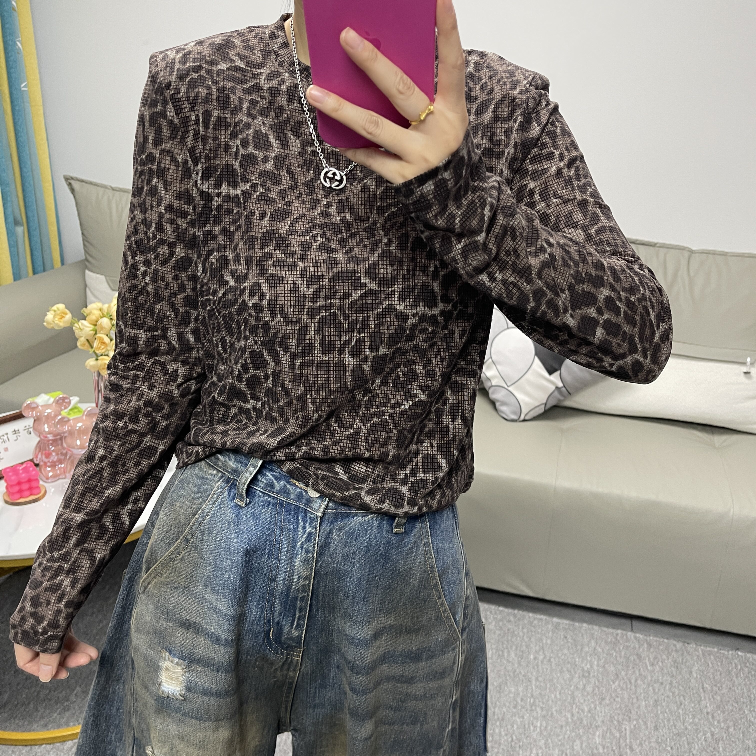 欧洲站豹纹长袖T恤女显瘦百搭潮