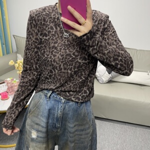 欧洲站豹纹长袖T恤女显瘦百搭潮