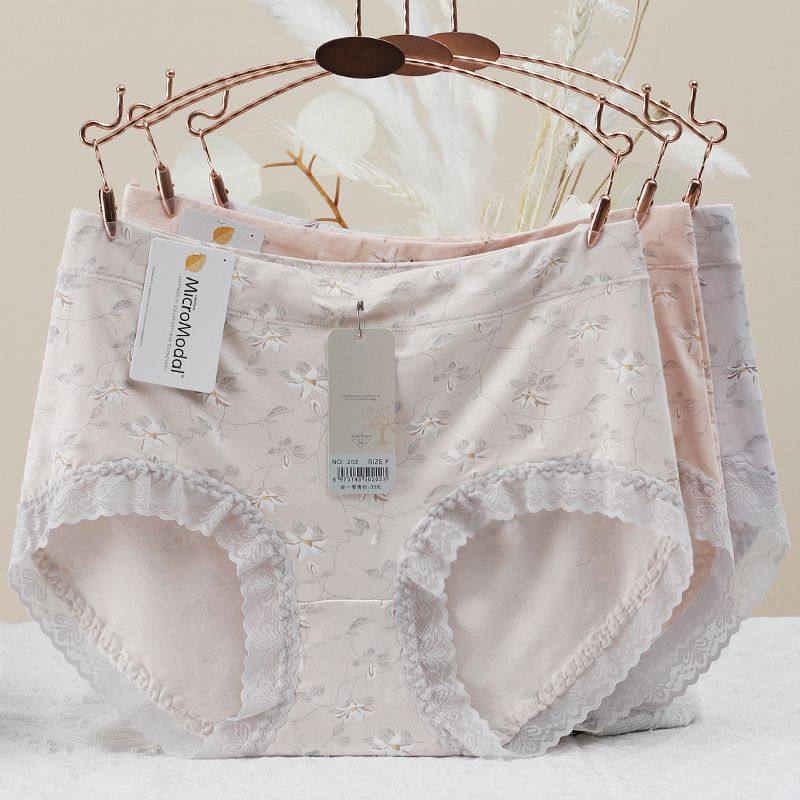 莫代尔小清新印花内裤女士中腰蕾丝花边拼接时尚感小众三角底裤子,女士内衣/男士内衣/家居服,女三角裤,淘宝优惠券,粉丝福利购,淘宝优惠卷