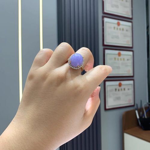 泗隆珠宝-天然A货翡翠蛋面戒指 18k紫罗兰蛋面戒指翡翠女款手饰