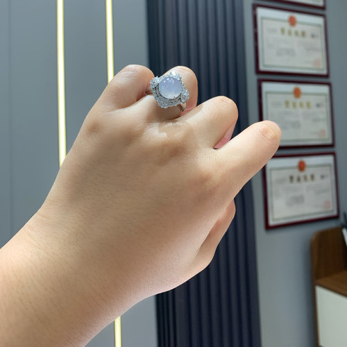 泗隆珠宝-天然A货翡翠蛋面戒指 925银镶淡紫蛋面戒指翡翠女款手饰