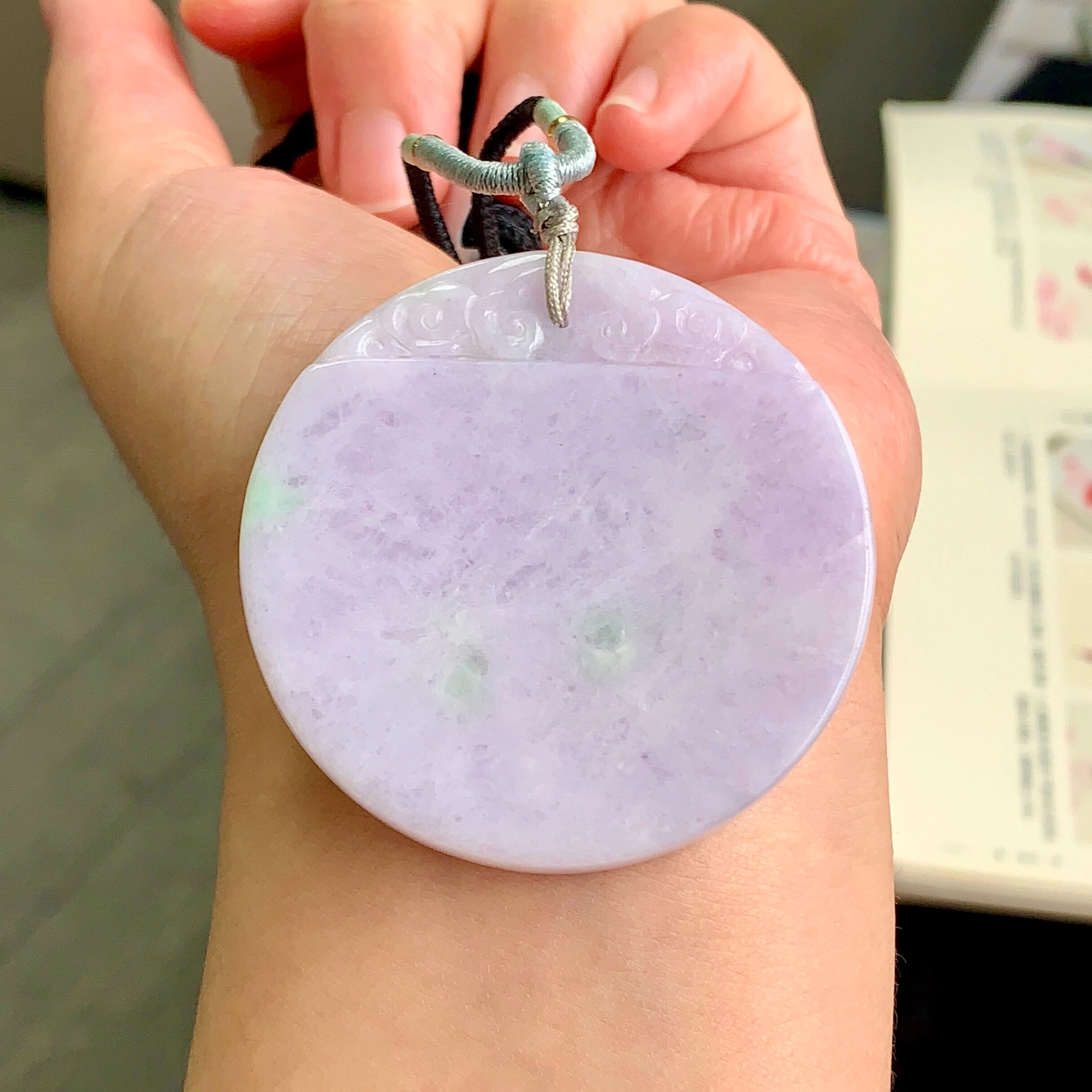 泗隆珠宝-天然A货翡翠无事牌吊坠 缅甸玉石紫罗兰带绿圆牌玉挂件