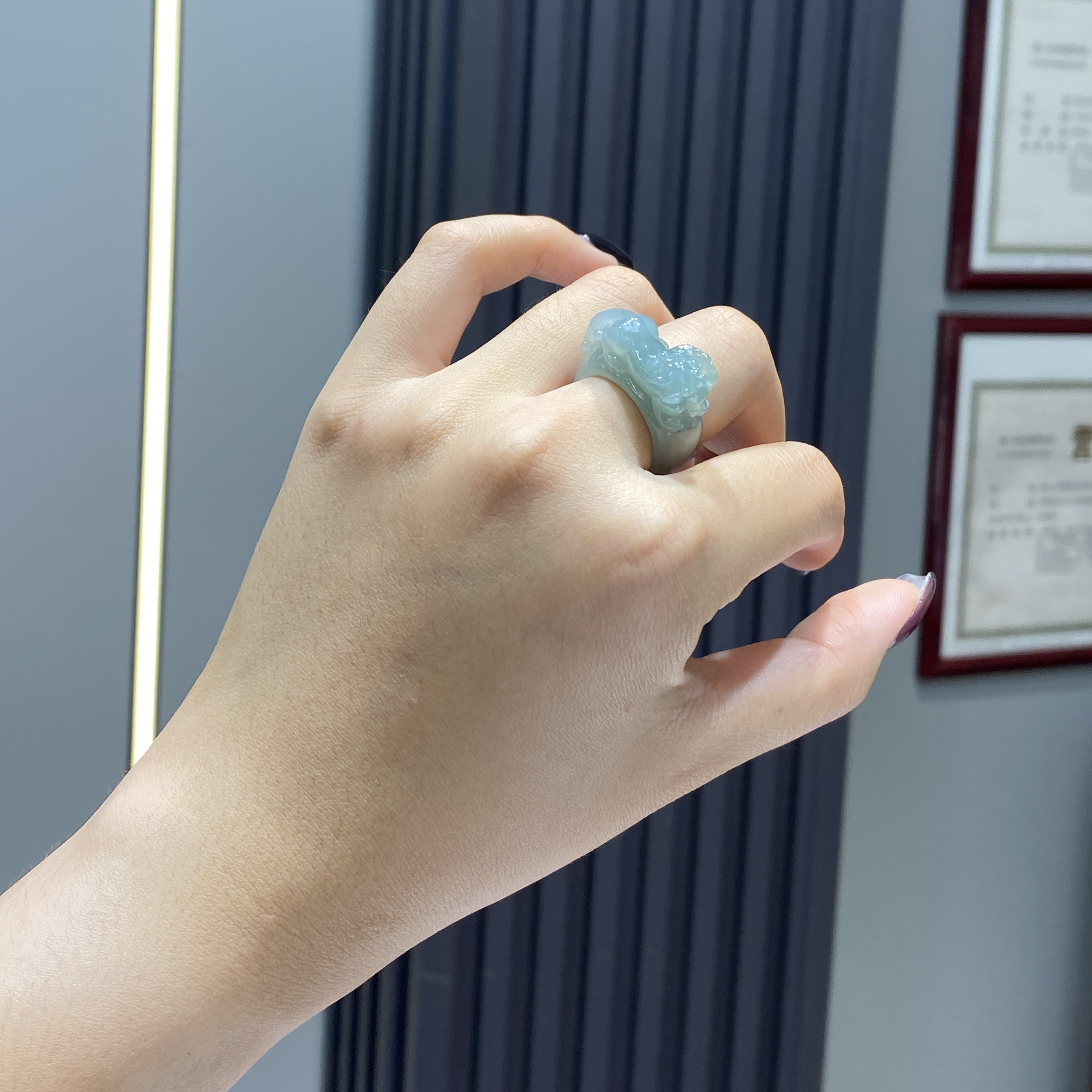 泗隆珠宝-天然A货翡翠貔貅指环 冰油貔貅翡翠玉戒指15圈口