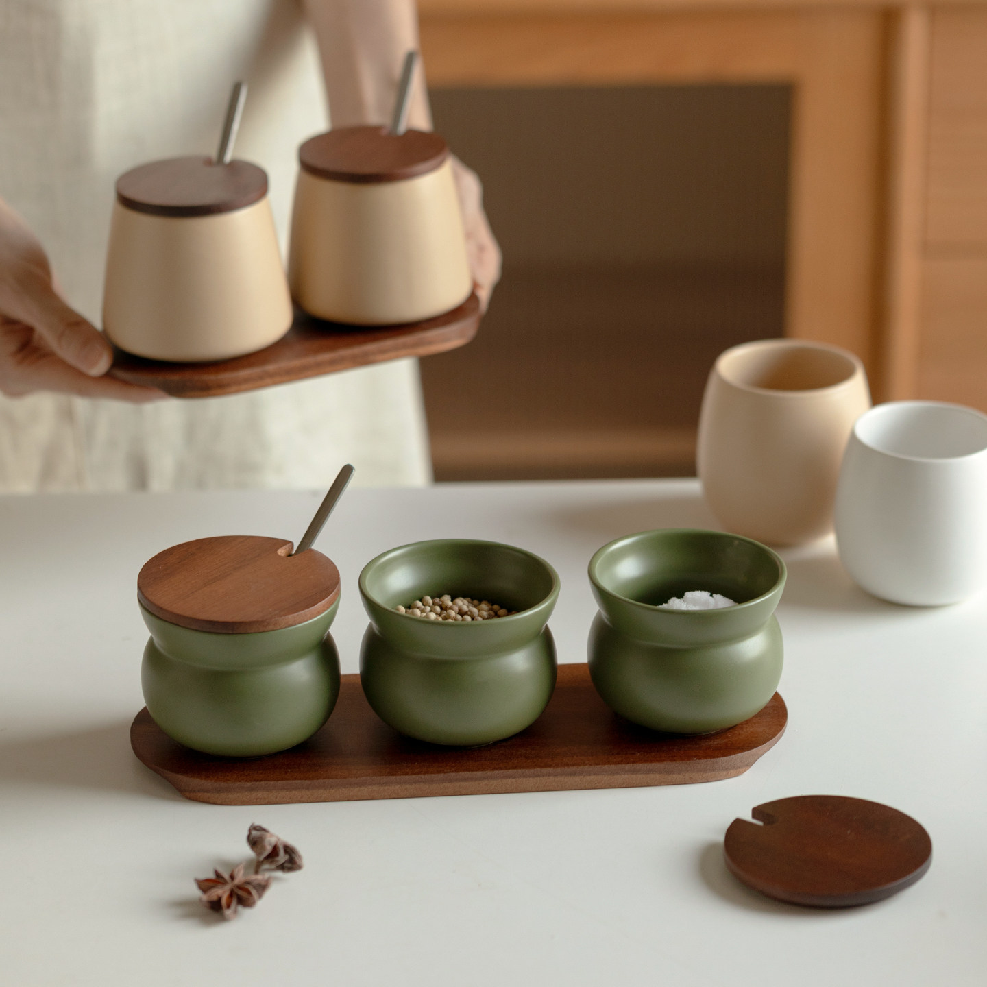 中古风实木盖厨房调料罐套装