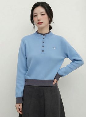 春季新款韩版撞色立领针织衫女长袖宽松套头减龄蓝色毛衣上衣
