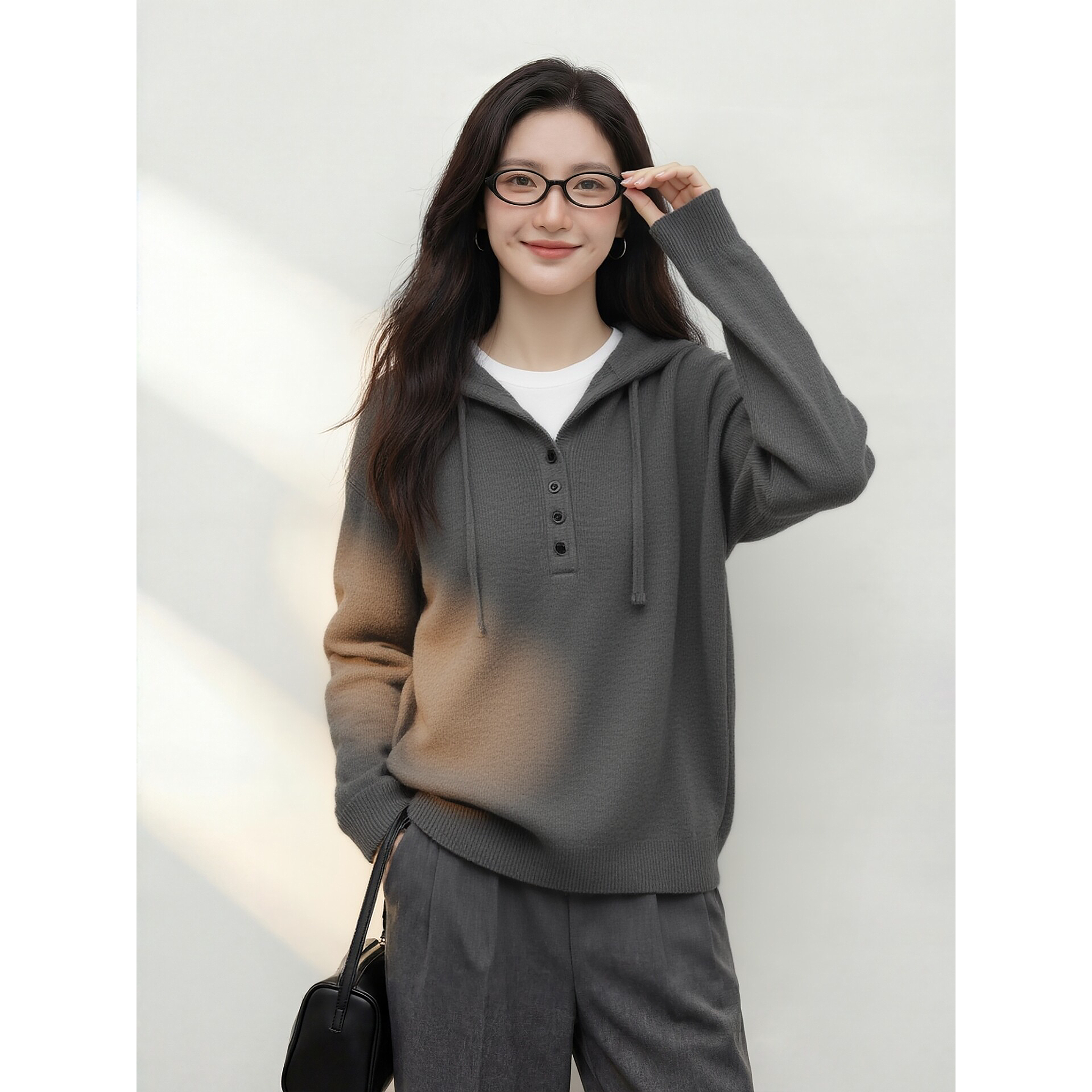 极简风连帽纽扣针织衫长袖女春季套头宽松百搭慵懒风卫衣外套