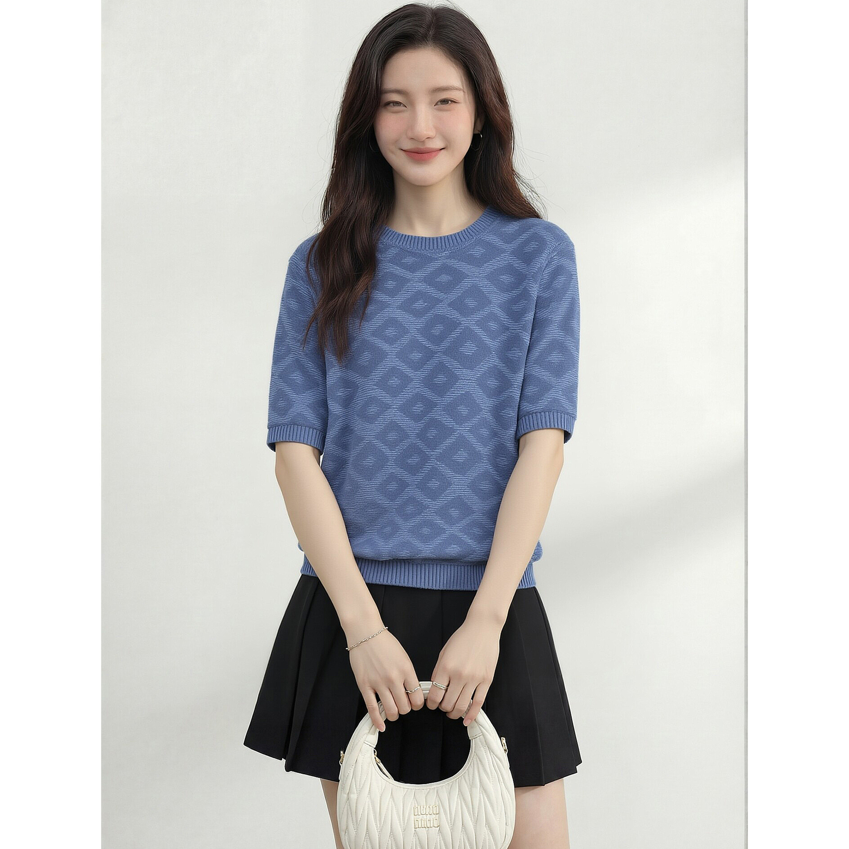 2026春季新款复古风菱格纹针织衫女短袖圆领蓝色气质修身薄款上衣