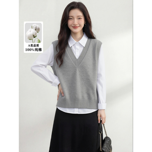 100%全棉2026新款学院风V领百搭针织马甲女灰色叠穿背心质感上衣