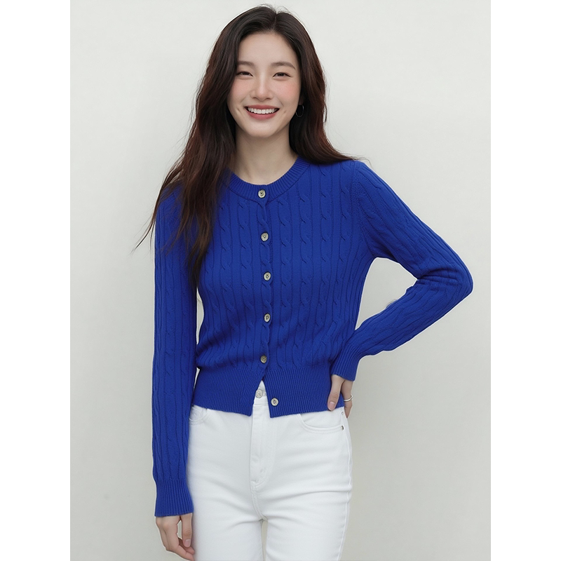 时尚气质老钱风麻花纹针织开衫女春季圆领扣子毛衣显瘦减龄高级感