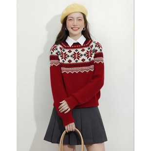 [复古风雅奢]春季新款撞色提花针织衫女百搭气质红色套头毛衣上衣