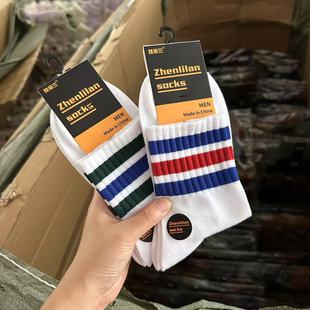秋季 中筒袜学生潮袜运动袜诸暨棉袜秋冬男生长袜 白色条纹袜子男士