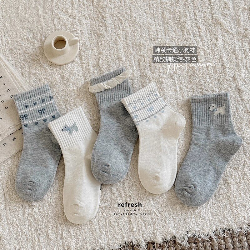 女童袜子春秋季儿童韩版卡通小狗中筒袜秋天女孩无骨蝴蝶结棉袜
