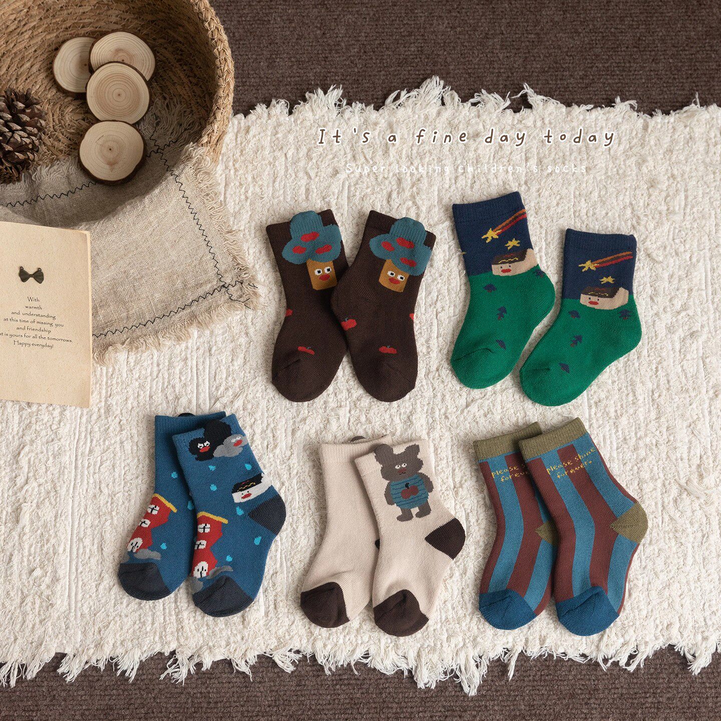 儿童袜子秋冬款卡通小熊度假毛圈袜棉袜加厚保暖男童袜子厚款保暖