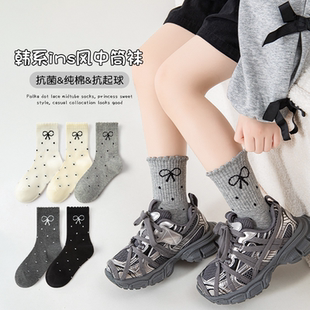 女童袜子花边蝴蝶结女孩儿童大童中筒袜秋冬儿童纯棉公主宝宝棉袜