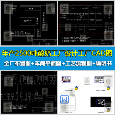 2500T酸奶工厂工厂车间平面布置图流程图CAD图及计算物料衡算说明