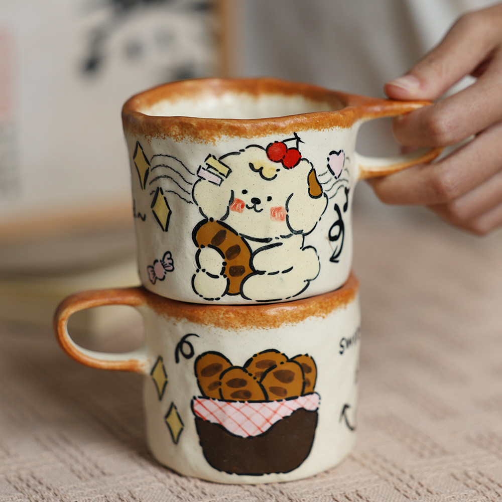 景德镇陶瓷水杯子手绘高温釉下彩马克杯狗狗咖啡杯卡通可爱早餐杯