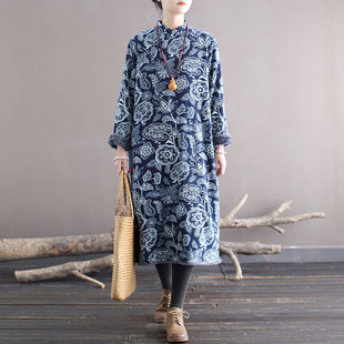 冬季新品民族风女装中式棉衣国风棉袍加绒加厚保暖青花瓷棉连衣裙