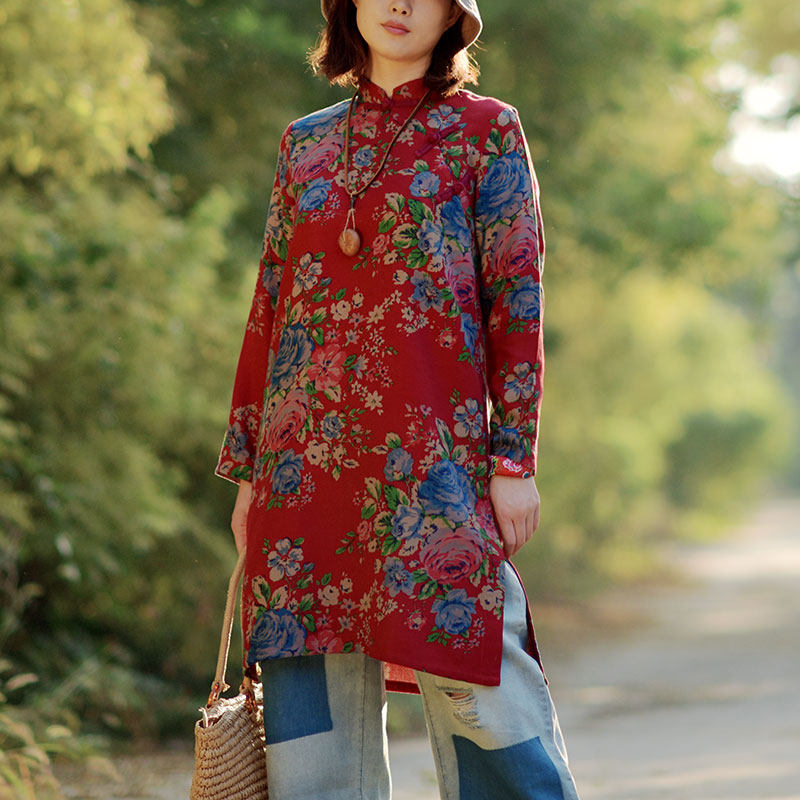 复古中国风双层棉纱纯棉中长款上衣春秋季中式盘扣长袖衬衫茶服女