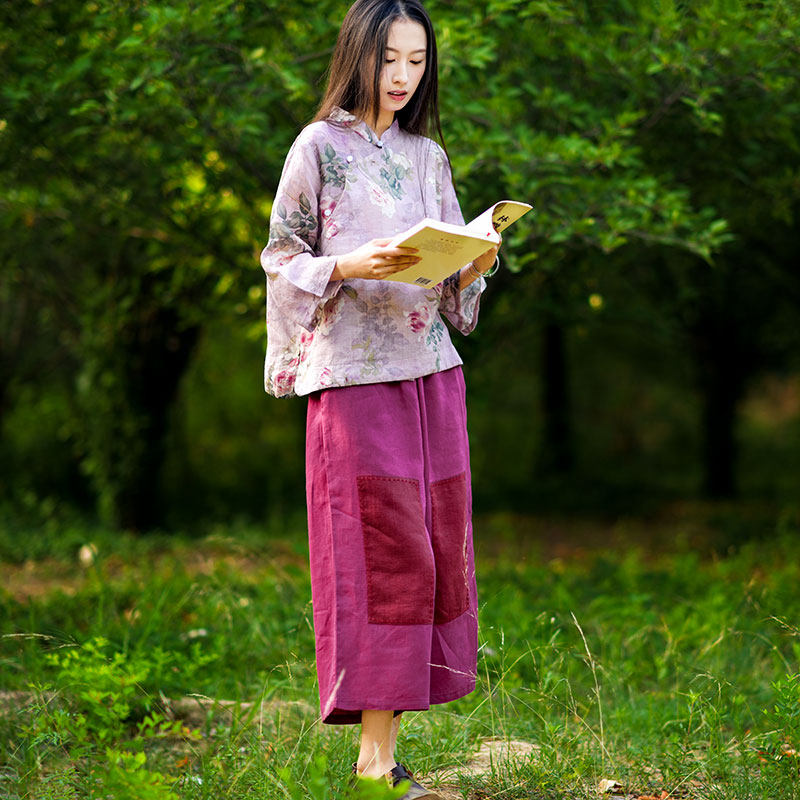亚麻阔腿裤夏新款休闲女裤民族风手工补丁宽松个性八分复古吊裆裤