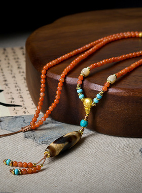 新中式南红玛瑙项链文玩藏饰虎牙天珠鱼骨原创国风毛衣链民族风